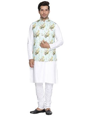Cotton Blend Plain White Kurta Pajama And Cotton Satin Blend Phool Pattern Digital Printed Modi Jacket