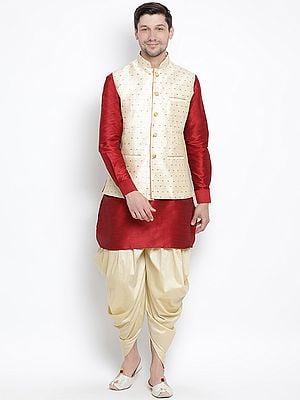 Silk Blend Short Kurta and Cotton Blend Dhoti with Zari Thread Modi Jacket