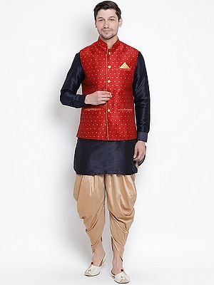 Silk Blend Short Kurta and Cotton Blend Dhoti with Zari Thread Modi Jacket