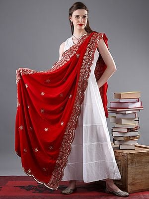 Floral Zari Embroidered Buti and Scallop Embellished Border on Velvet Dupatta from Amritsar