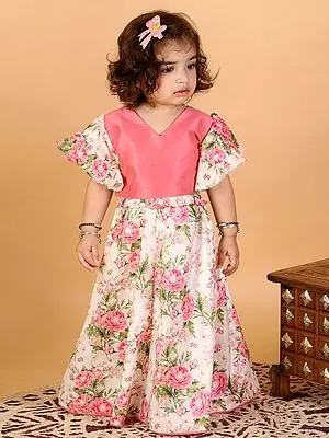 Pink Silk Blend Ruffle Sleeve Crop Top With Floral Printed Skirt