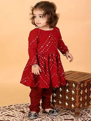 Maroon Georgette Mirror Work Anarkali Kurta With Viscose Churidar Pant