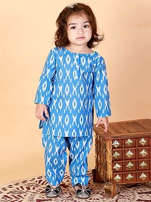 Aqua-Blue Linen Cotton Ikat Pattern Kurta With Straight Pant Set