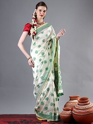 Italian-Straw Assamese Silk Saree With Meenakari Traditional Motif And Green Tassesls On The Pallu