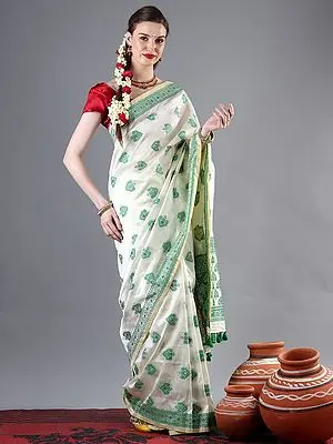 Italian-Straw Assamese Silk Saree with Meenakari Traditional Motif and Green Tassesls on The Pallu