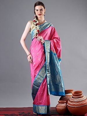 Dual Shaded Rich Banarasi Silk Saree with All Over Brocaded Floral Motif and Bail Pattern on Broad Zari Border