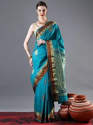 Peacock-Green Banarasi Silk Saree With Brocaded Tree Of Life Motif On Body And Bail-Paisley On Pallu-Border