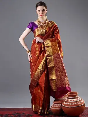 Dual Shaded Rich Banarasi Silk Saree with All Over Brocaded Floral Motif and Bail Pattern on Broad Zari Border