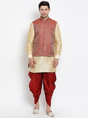 Silk Blend Mid-Length Kurta And Banarasi Brocade Woven Jacquard Modi Jacket With Cotton Blend Dhoti