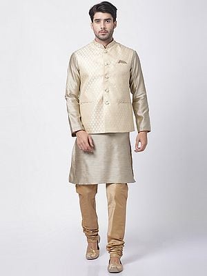 Silk Blend All-Over Buti Woven Kurta And Churidar Pajama With Cream Modi Jacket