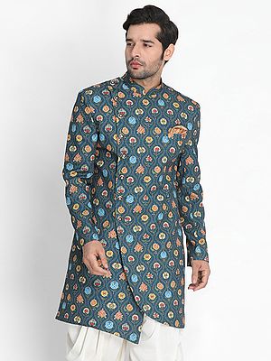 Persian-Blue Silk Blend Ogee-Floral Motif Digital Print Indowestern Sherwani