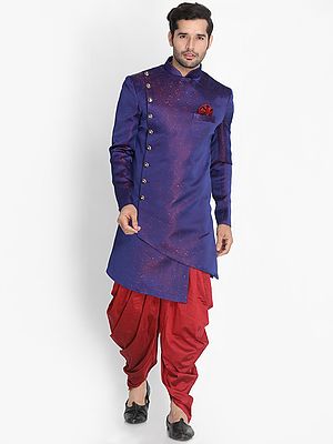 Blue Polyester Lurex Blend Asymmetrical Style Sherwani With Cotton Blend Dhoti