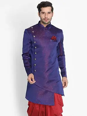 Polyester Lurex Blend Asymmetrical Style Blue Sherwani