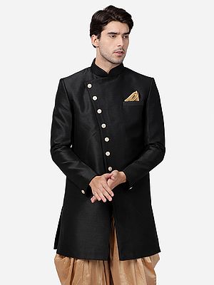 Silk Blend Indo-Western Style Sherwani in Angrakha Pattern with Rich Metal Buttons