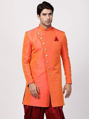 Silk Blend Indo-Western Style Sherwani in Angrakha Pattern with Rich Metal Buttons