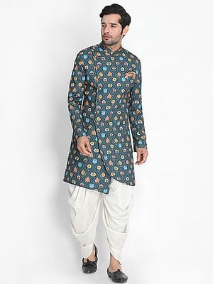 Persian-Blue Silk Blend Indowestern Style Ogee-Floral Motif Digital Print Sherwani With Cream Cotton Blend Patiala Style Dhoti