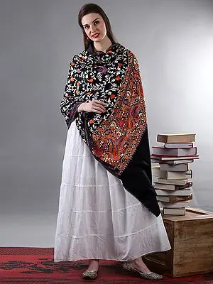 Midnight-Black Multicolor All-Over Aari Embroidered Floral Bail Woolen Shawl From Kashmir With Kalka Motif Border