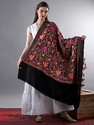 Caviar-Black Aari Embroidered Multicolor All-Over Maple Leaf Bail Woolen Shawl From Kashmir
