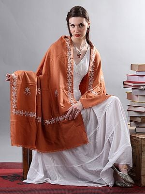 Rust-Orange White Aari Embroidered Floral Woolen Shawl From Kashmir