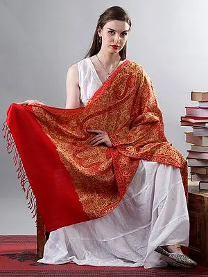 True-Red Embellished Multicolor Aari Embroidered Motif Pure Woolen Shawl from Kashmir