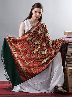 Forest-Green Embellished Contrast Lotus-Kalka Bail Aari Work Pure Wool Shawl From Kashmir