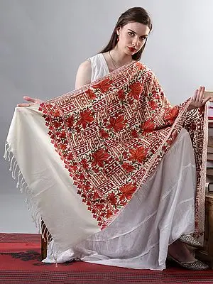 Hues Of Red Embellished Aari Work Floral Motif On Pure Off-White Woolen Shawl From Kashmir