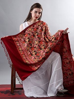 Chilli-Red Pure Wool Embellished Shawl With Aari Embroidered Multicolor Bold Floral Bail Motif  From Kashmir