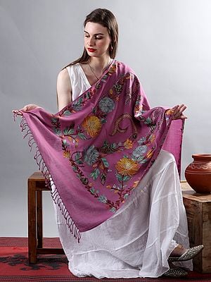 Lilac Pure Wool Shawl From Kashmir With Multicolor Aari Embroidered Bold Chrysanthemum Vine Motif