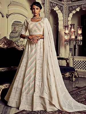 White Floral Pattern Georgette Lehenga Choli with Sequins, Thread, Beads Work and Dupatta