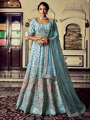 Turquoise Georgette Kalka-Floral Motif Lehenga Choli With Thread, Sequins, Zari, Zarkan Embroidery And Soft Net Dupatta
