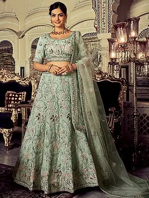 Pista-Green Designer Georgette Floral Vine Pattern Lehenga Choli with Soft Net Dupatta