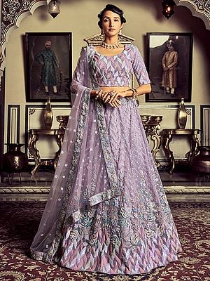 Lilac Georgette Meena Floral Chevron Pattern Sequins-Thread Embroidered Lehenga Choli with Soft Net Dupatta