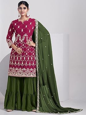 Faux Georgette Rani-Pink Kurta with Dark-Mahendi Sharara & Dupatta and Zari-Sequins Embroidery
