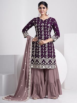 Faux Georgette Purple Sharara Suit With Chevron Pattern Floral Zari-Sequins Embroidery And Dupatta