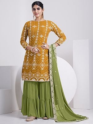 Faux Georgette Zari-Sequins Work Mustered-Yellow Kurta With Mahendi-Green Sharara & Dupatta