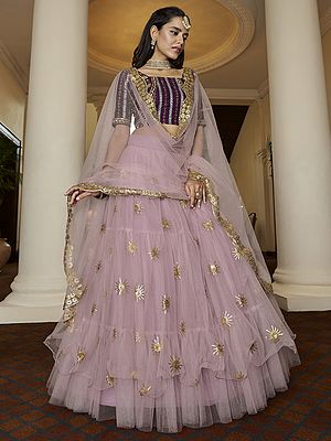 Butterfly Net Ruffled Desinger Lehenga-Scalloped Dupatta With Floral Pattern KumKum Silk Choli And Thread-Sequins Work