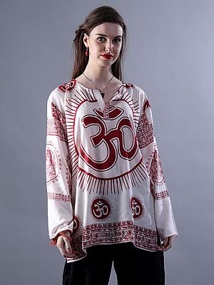 Bold Om And Shiva-Parvati Pure White Printed Short Kurti With Full Sleeves