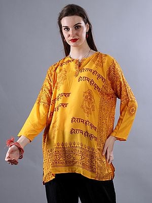 Marigold-Yellow Hare Krishna Hare Rama And Ganesha Ji Printed Short Kurti With Full Sleeves