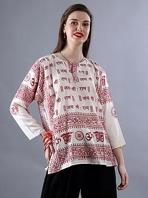 Pristine-White Jai Shri Ram Printed Short Kurti With Full Sleeves