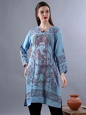 Steel-Blue Bold Ganesha Printed Long Kurti With Full Sleeves