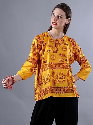 Turmeric-Yellow Radhe-Radhe Printed Short Kurti With 3/4 Sleeves