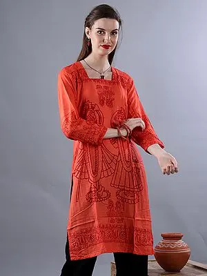 Kesari Color Radha-Krishna Printed Long Kurti With Full Sleeves