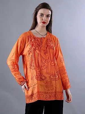 Saffron Radha-Krishna Printed Short Kurti With Full Sleeves