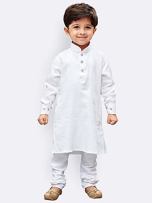 White Cotton Cuffed Sleeves Kurta With Churidar Pajama