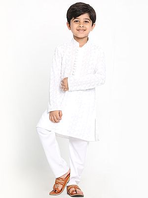 White Lukhnowi Chikankari Cotton Kurta With Pure Cotton Plain Pajama