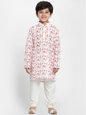 White Cotton Blend Digital Print Kurta with Plain Pajama