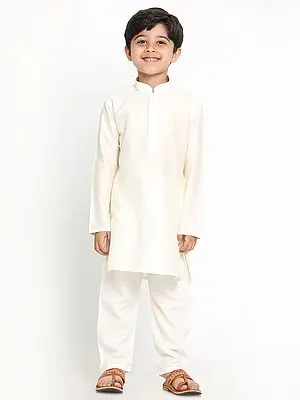 Cream Viscose Rayon Knee Length Kurta with Pajama