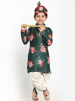 Little Krishna Dress Set Cotton Blend Digital Floral Printed Kurta With Cream Dhoti