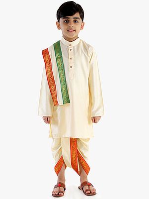 Cotton Blend Traditional South Indian Style Dhoti Kurta And Dupatta