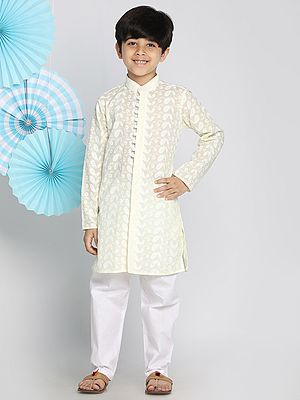 Pure Cotton Kalka Motif Lukhnowi Chikankari Kurta With White Pajama